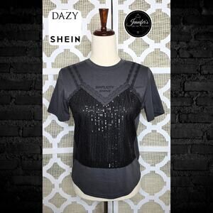 Shein Dazy Women's Gray 'Simplicity Shine' Black Sequin Camisole T-Shirt Size S